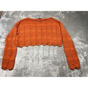 Seven Seven Orange Crochet Knit Cropped Sweater Long Sleeve Scalloped Size M‎
